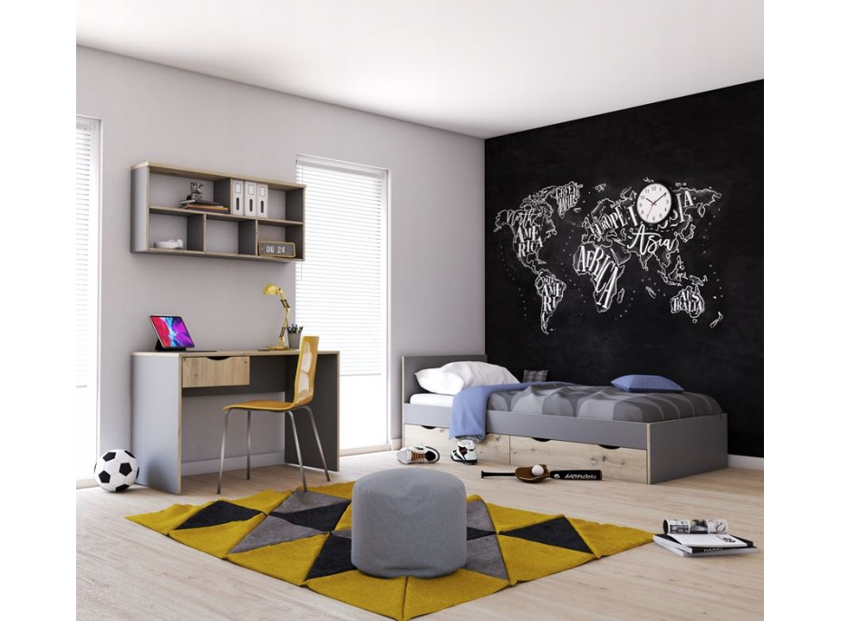 Posteľ so šuplíkmi JOY 200x90 cm - šedá/dub artisan