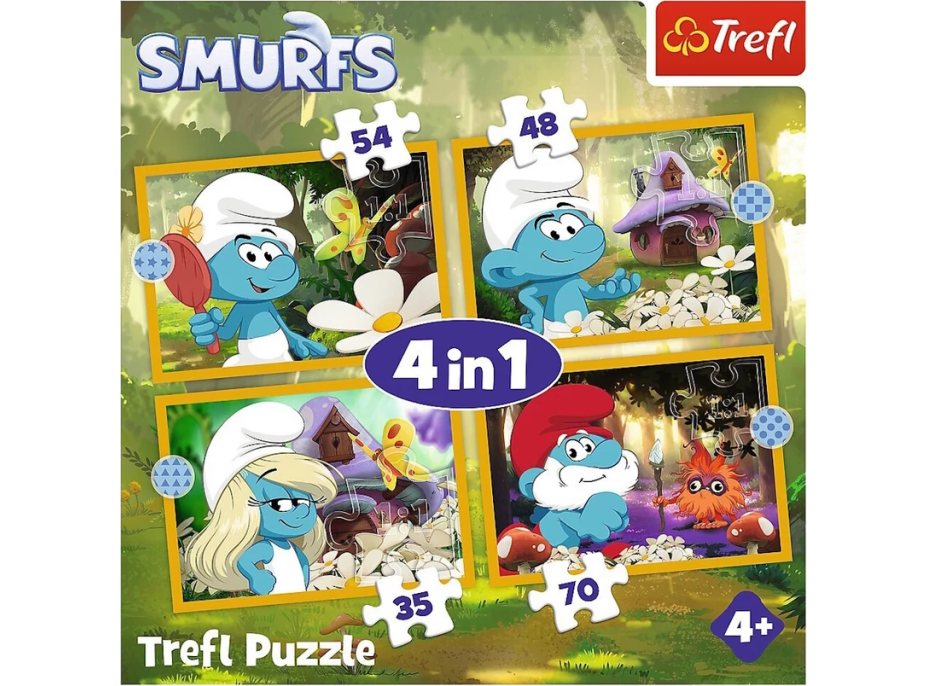 TREFL Puzzle Život v šmolkovej dedine 4v1 (35,48,54,70 dielikov)