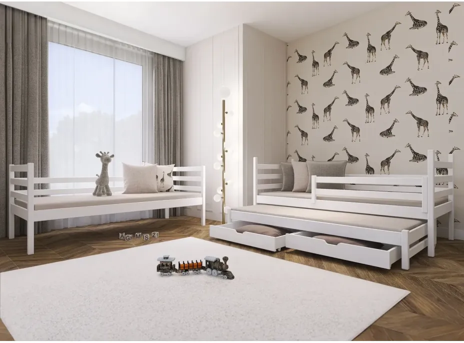 Detská poschodová posteľ z masívu borovice LUKÁŠ s prístelkou a šuplíky - 200x90 cm - biela
