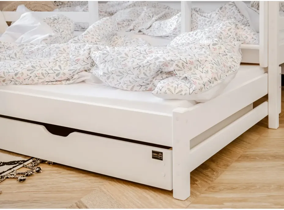 Detská poschodová posteľ z masívu borovice LUKÁŠ s prístelkou a šuplíky - 200x90 cm - biela