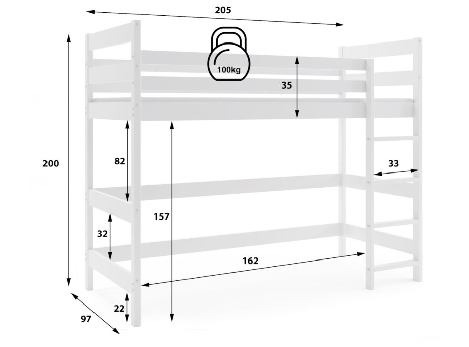 Detská vyvýšená posteľ z masívu borovice ANTOLA 200x90 cm - biela