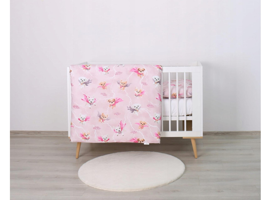 Detské bavlnené obliečky do postieľky 120x90 cm BABYMAM PREMIUM - Super psíci - ružové