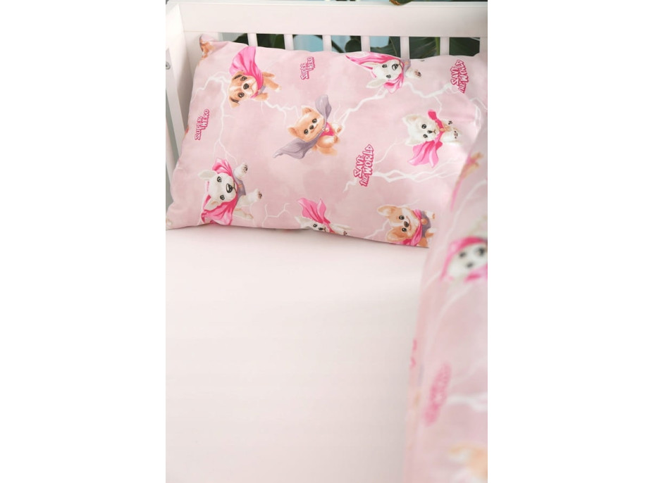 Detské bavlnené obliečky do postieľky 120x90 cm BABYMAM PREMIUM - Super psíci - ružové