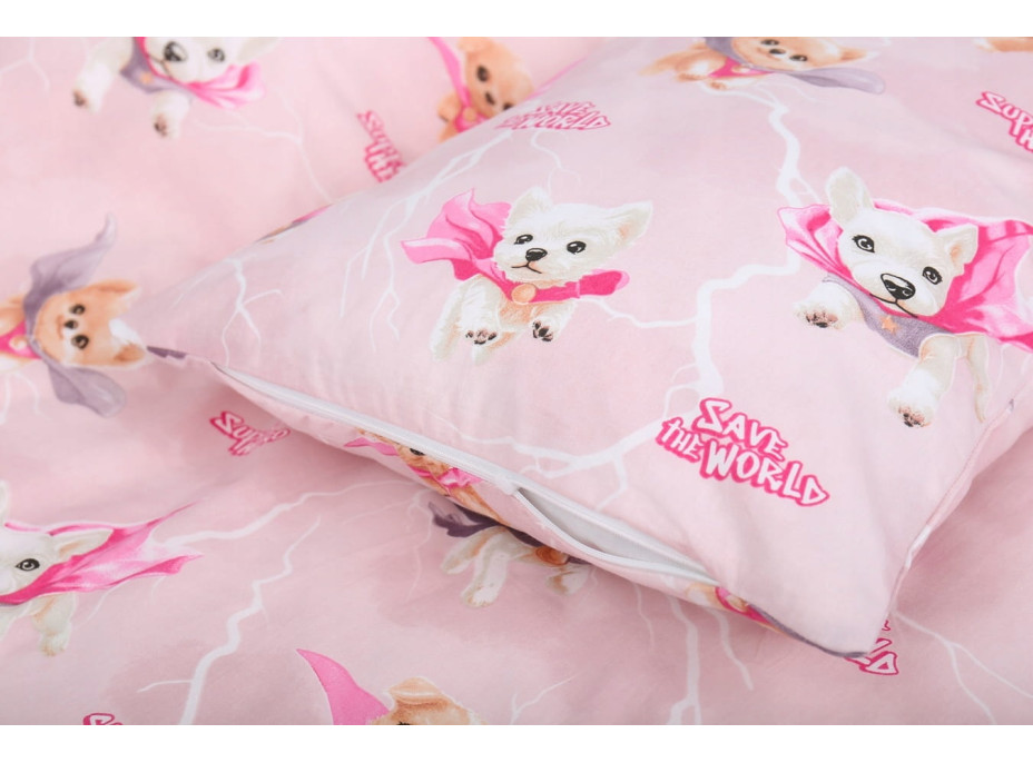 Detské bavlnené obliečky do postieľky 120x90 cm BABYMAM PREMIUM - Super psíci - ružové