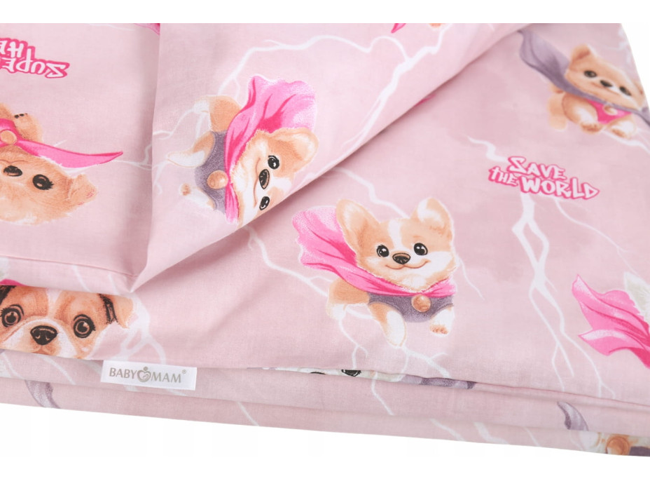 Detské bavlnené obliečky do postieľky 120x90 cm BABYMAM PREMIUM - Super psíci - ružové