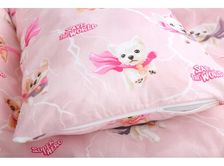 Detské bavlnené obliečky do postieľky 120x90 cm BABYMAM PREMIUM - Super psíci - ružové