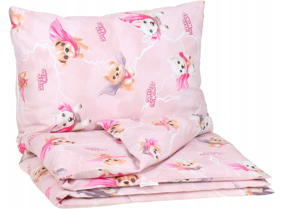 Detské bavlnené obliečky do postieľky 120x90 cm BABYMAM PREMIUM - Super psíci - ružové