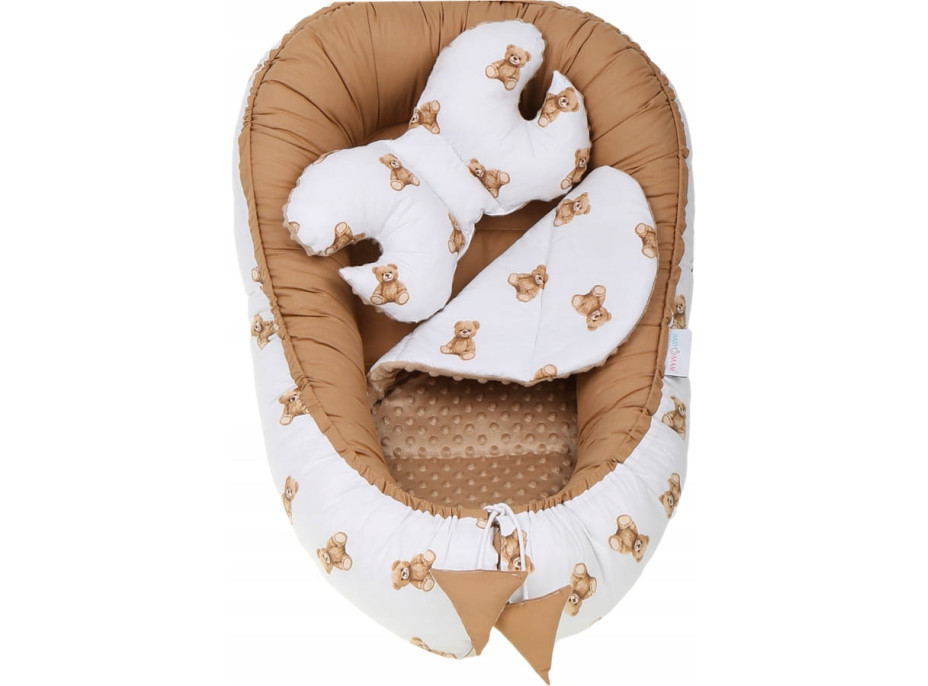 Obojstranné hniezdočko (kokon) pre bábätko - BABYMAM PREMIUM set 7v1 - Medvedík Teddy s béžovou minkami