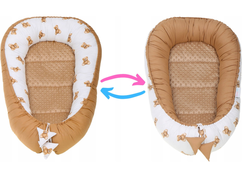 Obojstranné hniezdočko (kokon) pre bábätko - BABYMAM PREMIUM set 7v1 - Medvedík Teddy s béžovou minkami