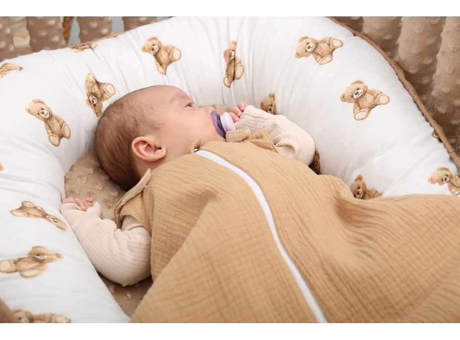 Obojstranné hniezdočko (kokon) pre bábätko - BABYMAM PREMIUM set 7v1 - Medvedík Teddy s béžovou minkami