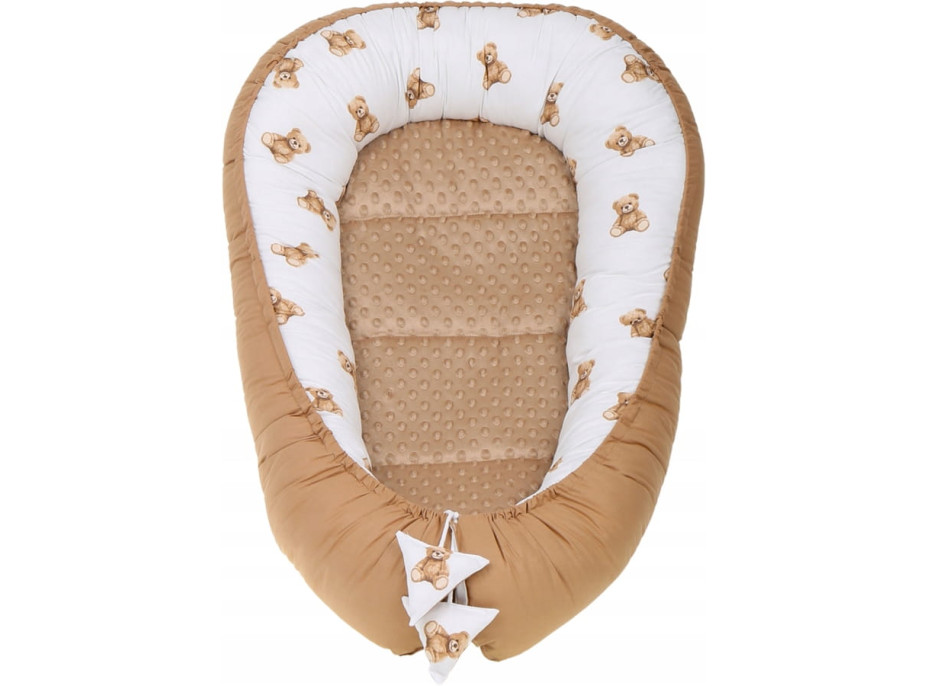 Obojstranné hniezdočko (kokon) pre bábätko - BABYMAM PREMIUM set 7v1 - Medvedík Teddy s béžovou minkami