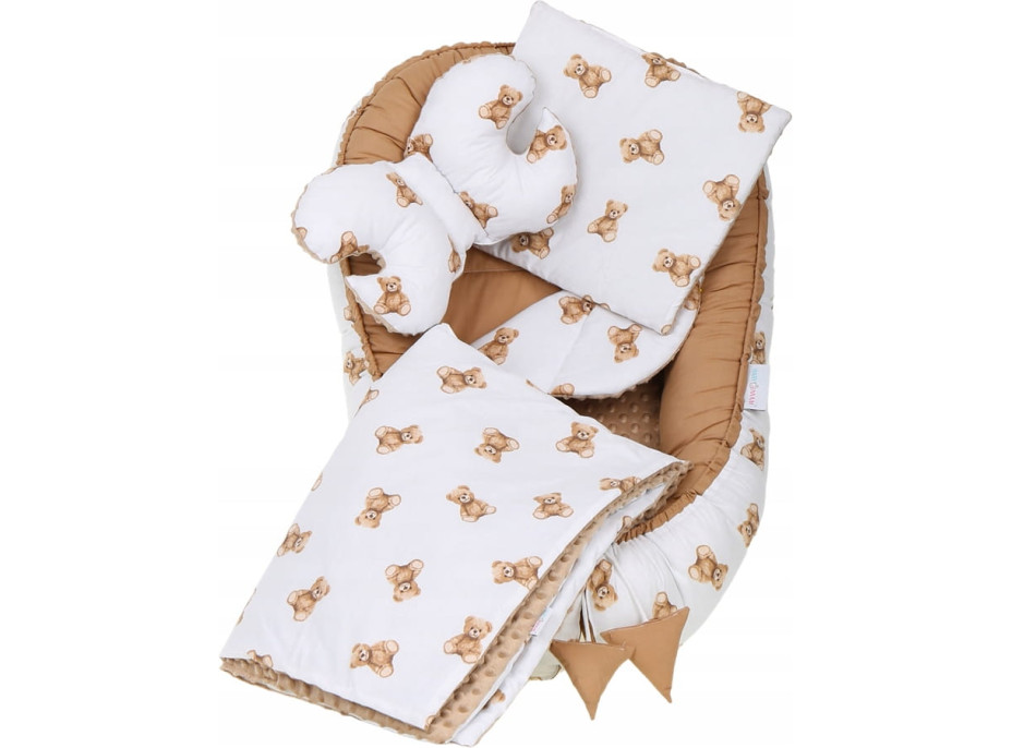 Obojstranné hniezdočko (kokon) pre bábätko - BABYMAM PREMIUM set 7v1 - Medvedík Teddy s béžovou minkami