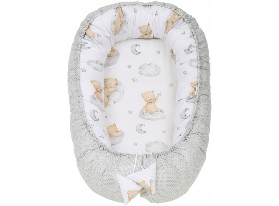 Obojstranné hniezdočko (kokon) pre bábätko - BABYMAM PREMIUM set 7v1 - Medvedík v oblakoch s béžovou minkou