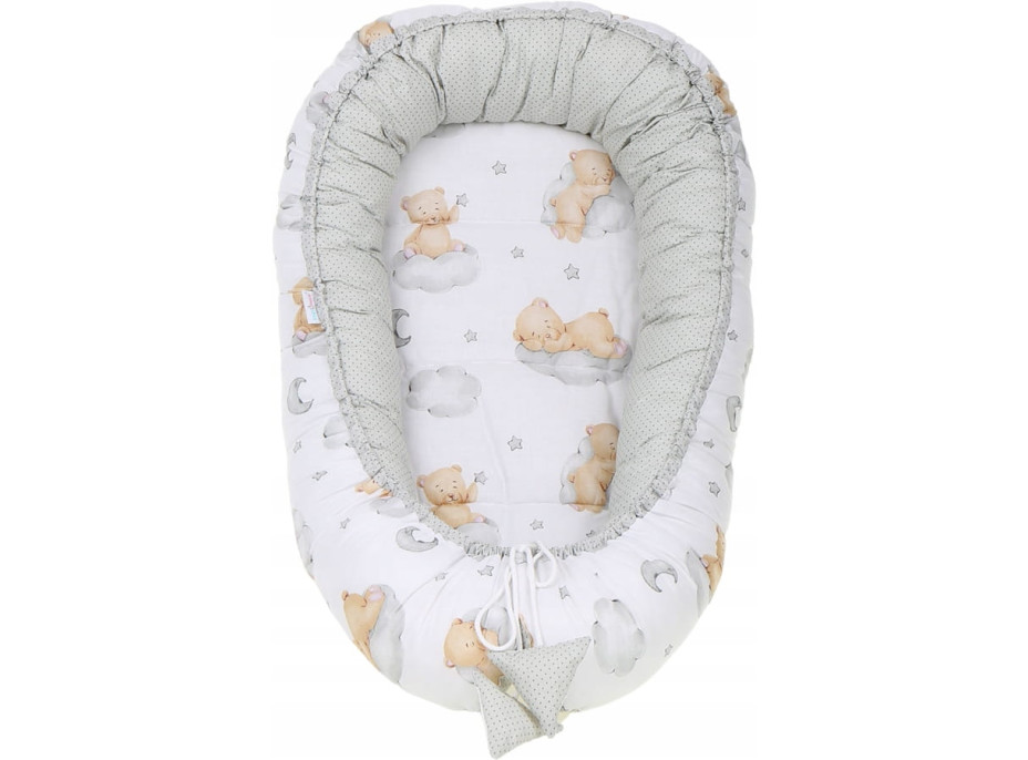 Obojstranné hniezdočko (kokon) pre bábätko - BABYMAM PREMIUM set 7v1 - Medvedík v oblakoch s béžovou minkou