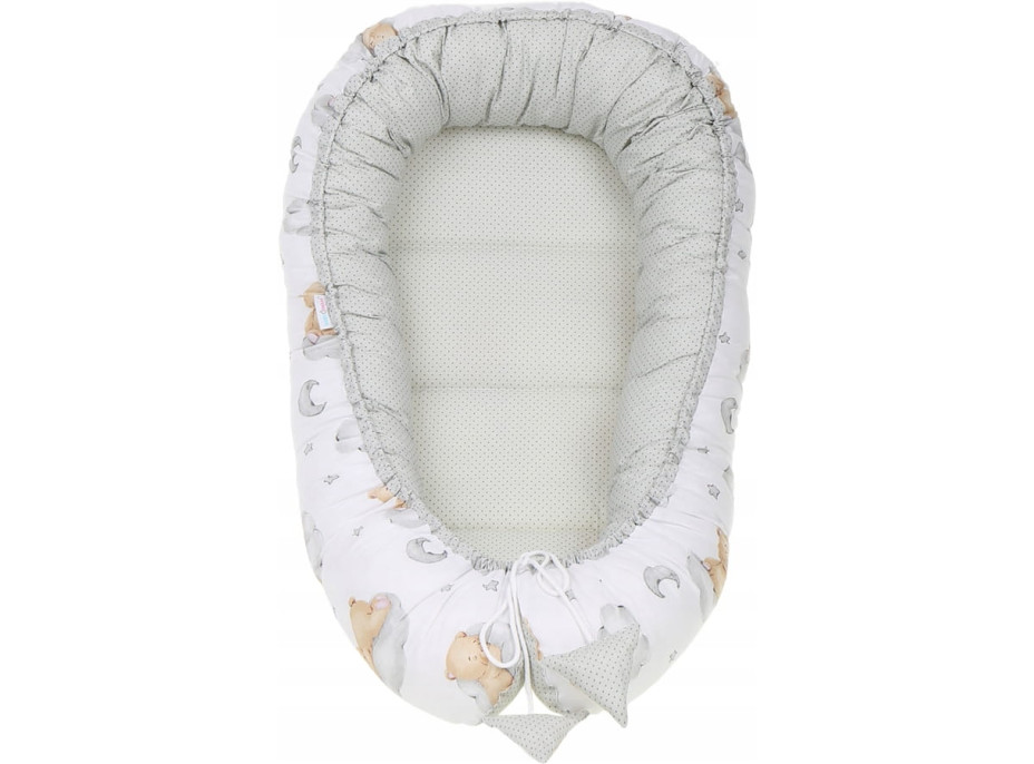 Obojstranné hniezdočko (kokon) pre bábätko - BABYMAM PREMIUM set 7v1 - Medvedík v oblakoch s béžovou minkou