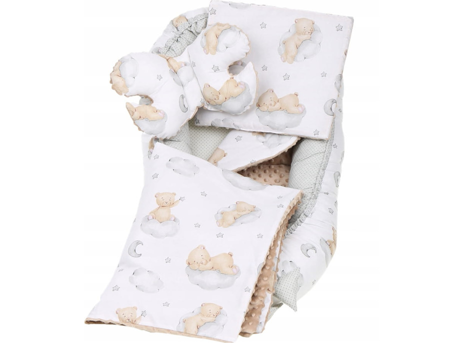 Obojstranné hniezdočko (kokon) pre bábätko - BABYMAM PREMIUM set 7v1 - Medvedík v oblakoch s béžovou minkou