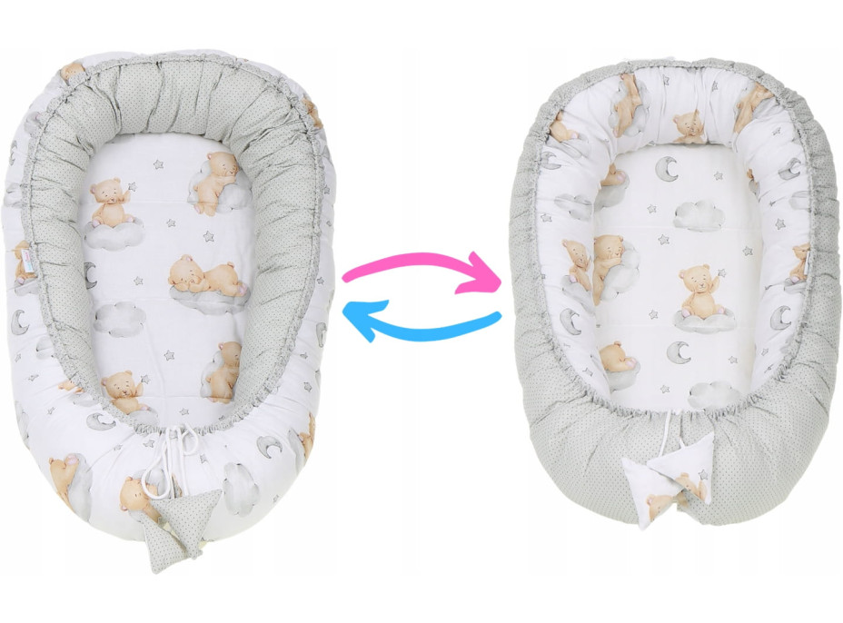 Obojstranné hniezdočko (kokon) pre bábätko - BABYMAM PREMIUM set 7v1 - Medvedík v oblakoch s béžovou minkou