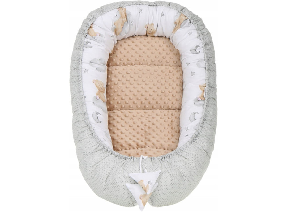 Obojstranné hniezdočko (kokon) pre bábätko - BABYMAM PREMIUM set 7v1 - Medvedík v oblakoch s béžovou minkou