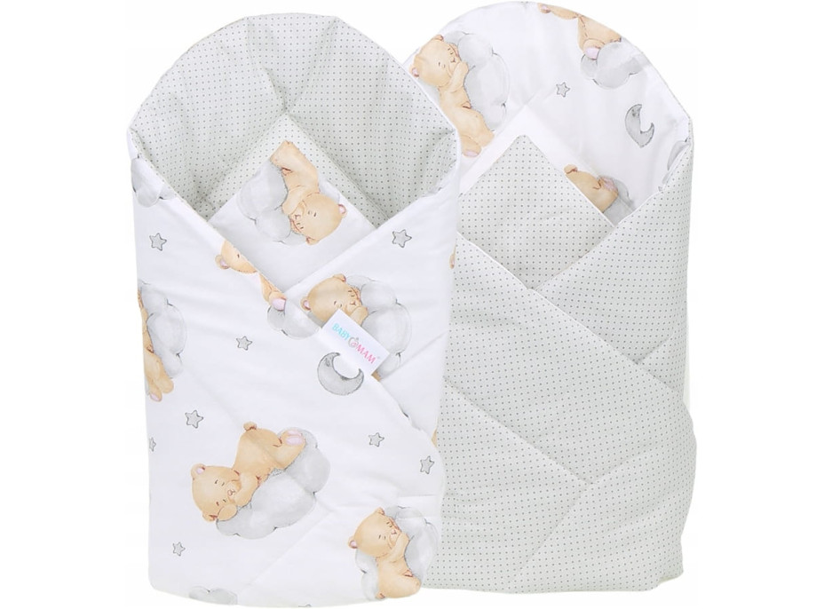 Obojstranné hniezdočko (kokon) pre bábätko - BABYMAM PREMIUM set 7v1 - Medvedík v oblakoch s béžovou minkou