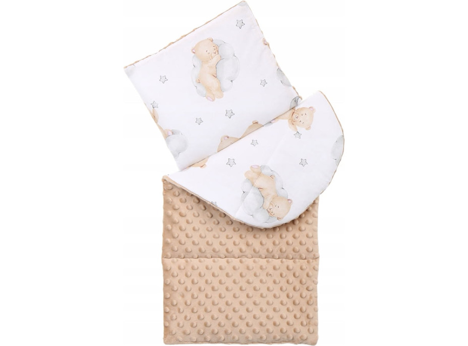 Obojstranné hniezdočko (kokon) pre bábätko - BABYMAM PREMIUM set 7v1 - Medvedík v oblakoch s béžovou minkou