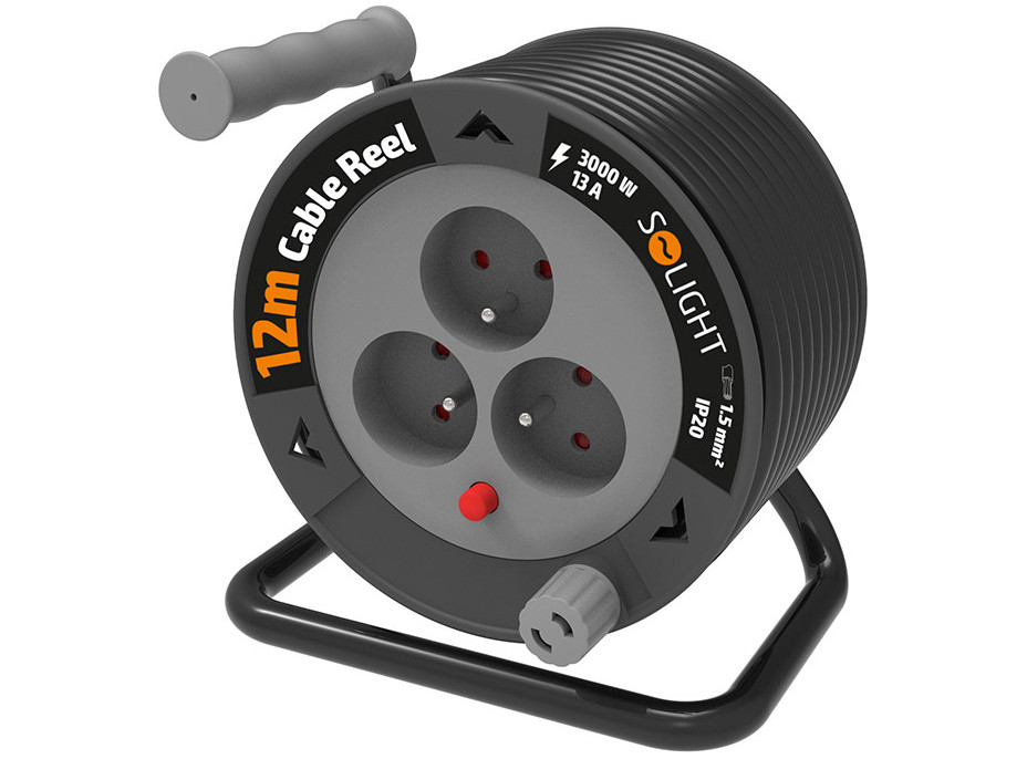 Solight predlžovací prívod na bubne 12m, 3 zásuvky, čierny kábel, 3x 1,5mm2