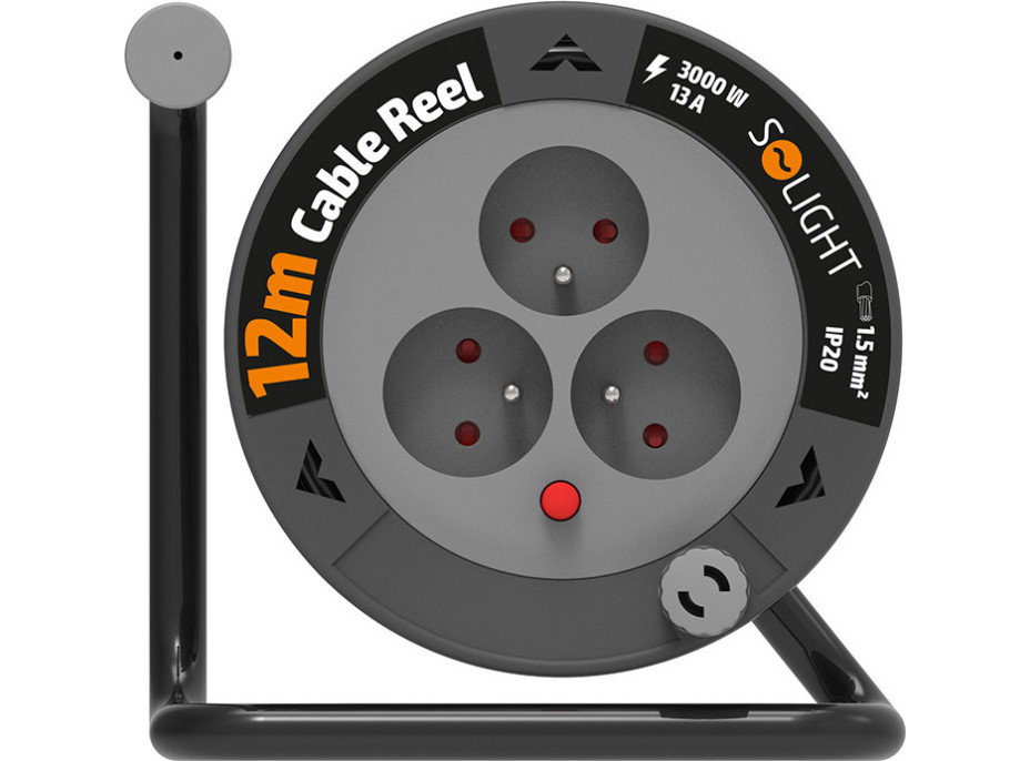 Solight predlžovací prívod na bubne 12m, 3 zásuvky, čierny kábel, 3x 1,5mm2