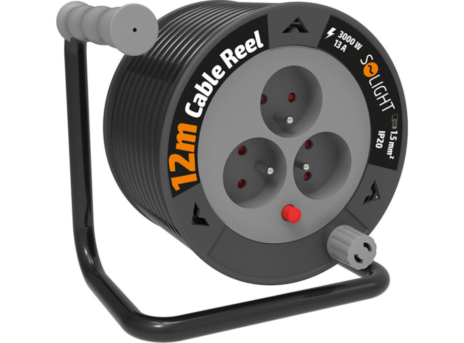 Solight predlžovací prívod na bubne 12m, 3 zásuvky, čierny kábel, 3x 1,5mm2