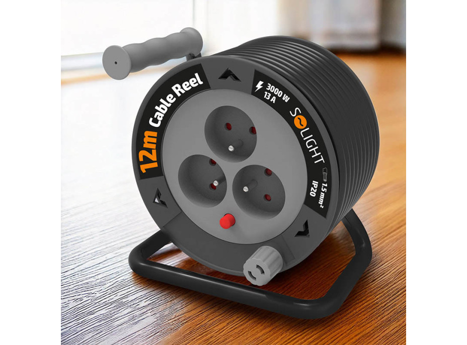 Solight predlžovací prívod na bubne 12m, 3 zásuvky, čierny kábel, 3x 1,5mm2