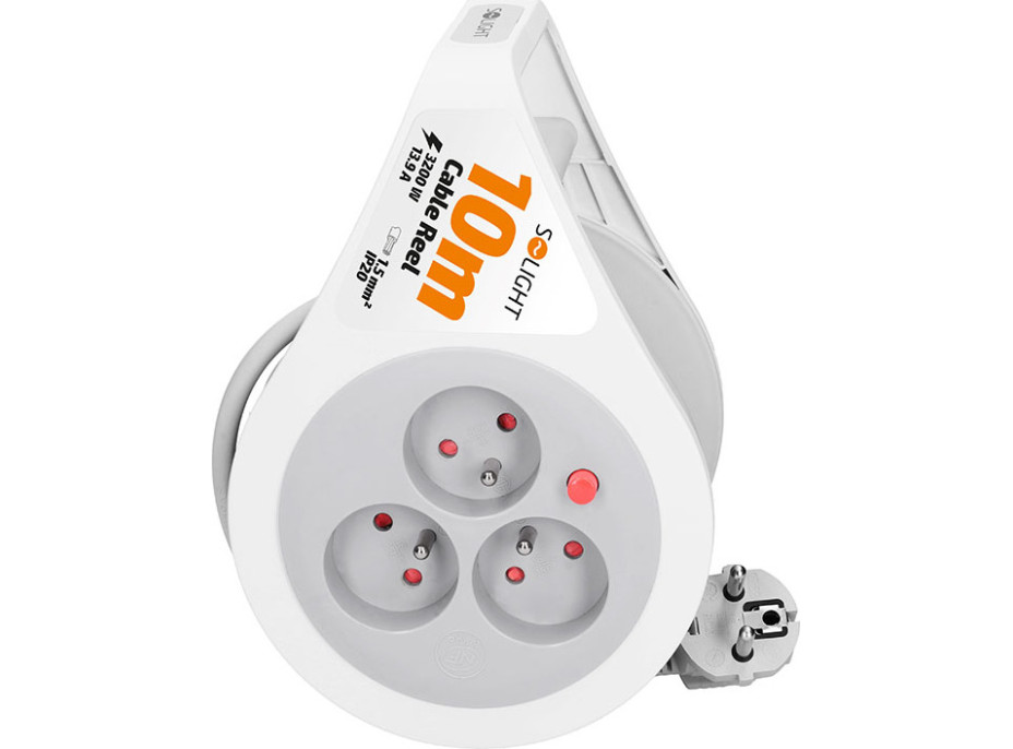 Solight predlžovací prívod na bubne 10m, 3 zásuvky, šedý kábel, 3x 1,5mm2