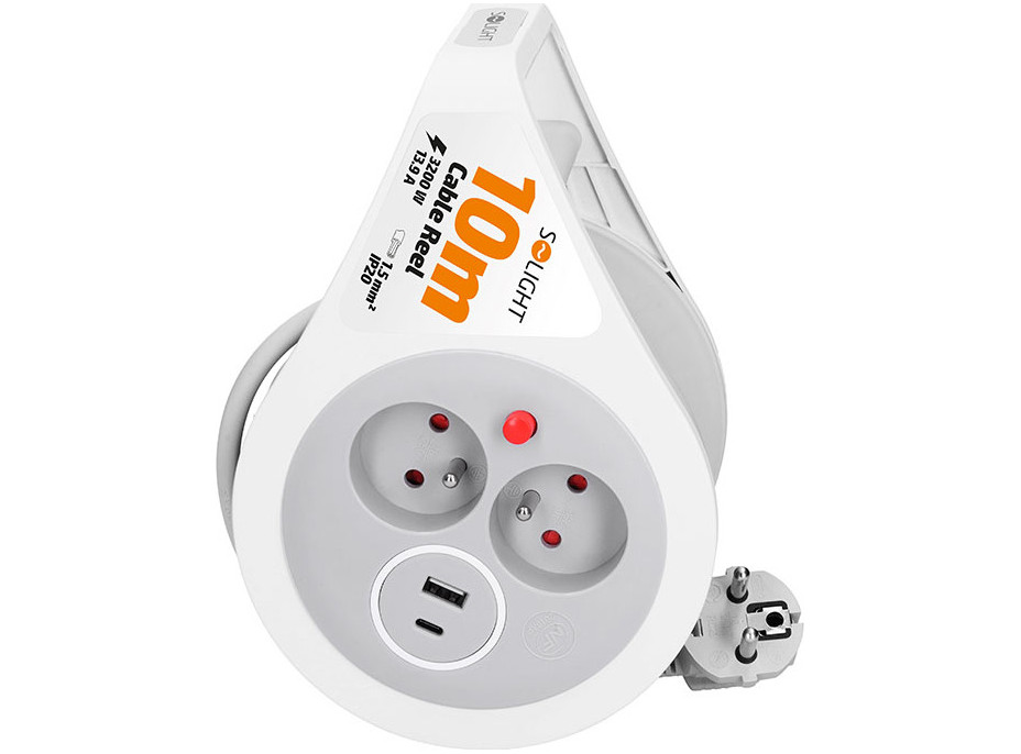 Solight predlžovací prívod na bubne 10m, USB A+C, 2 zásuvky, sivý kábel, 3x 1,0mm2
