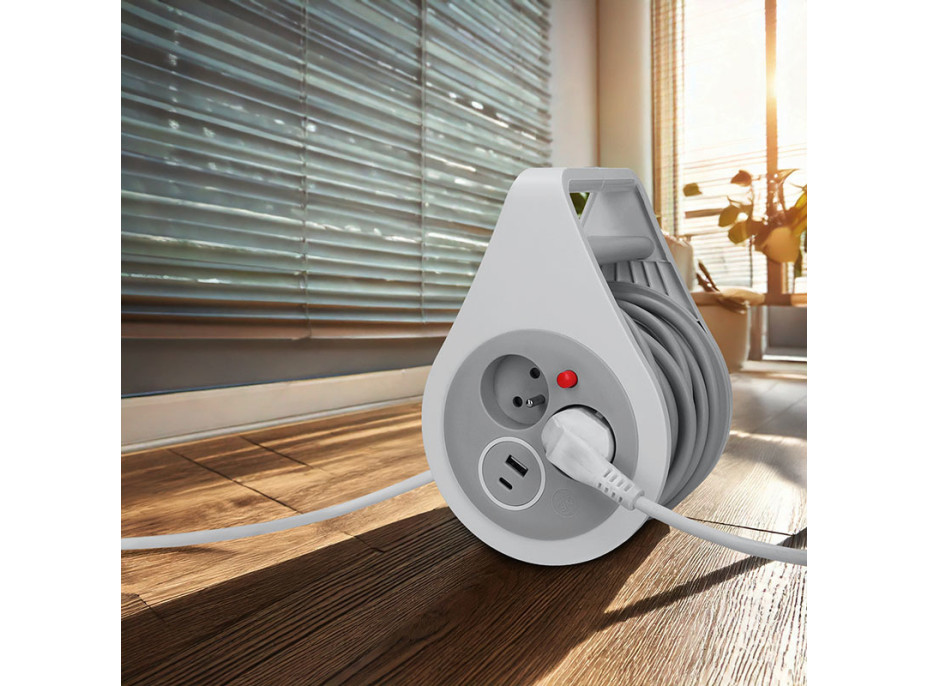 Solight predlžovací prívod na bubne 10m, USB A+C, 2 zásuvky, sivý kábel, 3x 1,0mm2