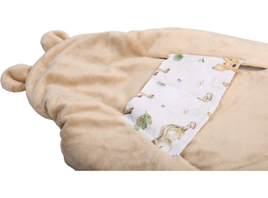 Plyšová zavinovačka s kapucňou BABYMAM do autosedačky - Lesné zvieratká/béžová