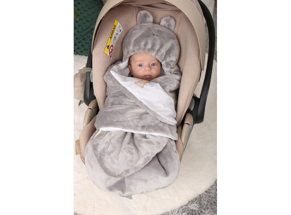 Plyšová zavinovačka s kapucňou BABYMAM do autosedačky - Let lastovičkou/sivá