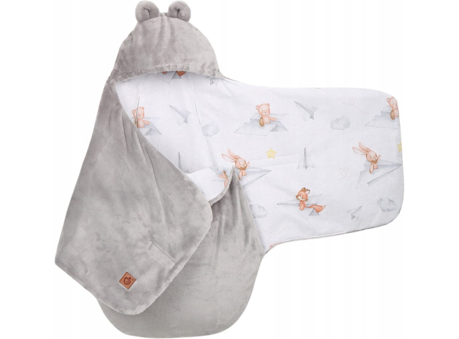Plyšová zavinovačka s kapucňou BABYMAM do autosedačky - Let lastovičkou/sivá