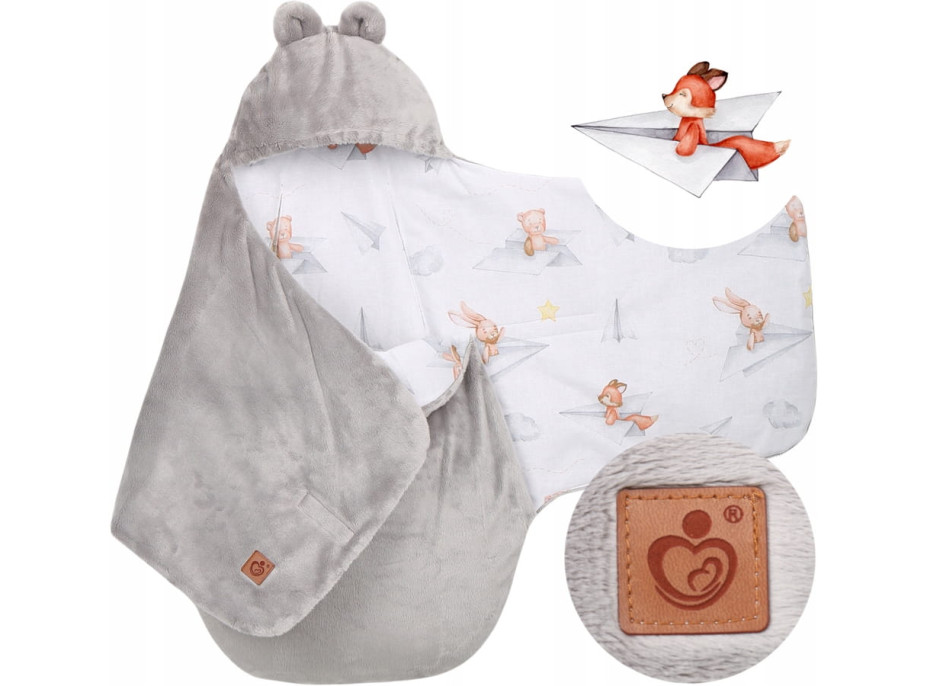 Plyšová zavinovačka s kapucňou BABYMAM do autosedačky - Let lastovičkou/sivá