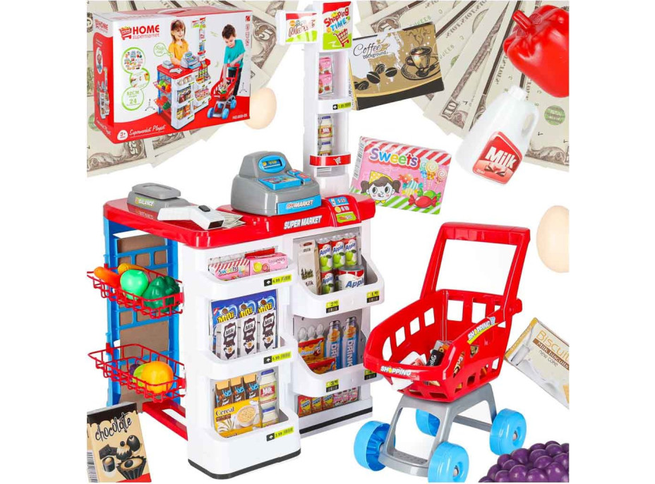 Pokladňa v supermarkete s vozíkom - biela/červená