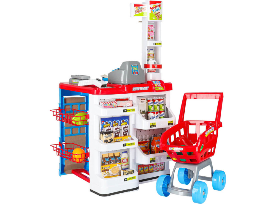 Pokladňa v supermarkete s vozíkom - biela/červená