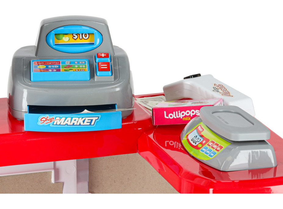 Pokladňa v supermarkete s vozíkom - biela/červená