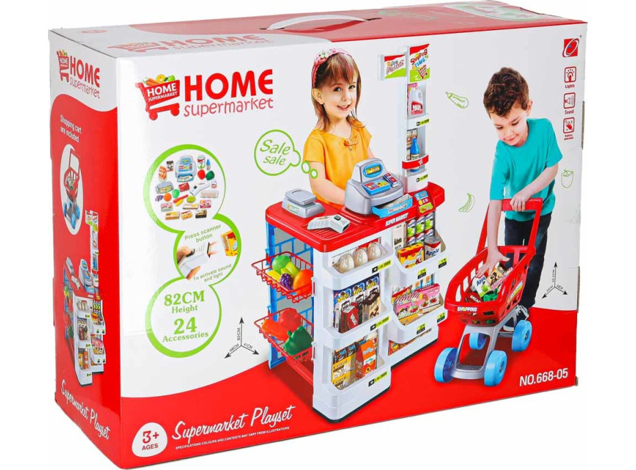 Pokladňa v supermarkete s vozíkom - biela/červená