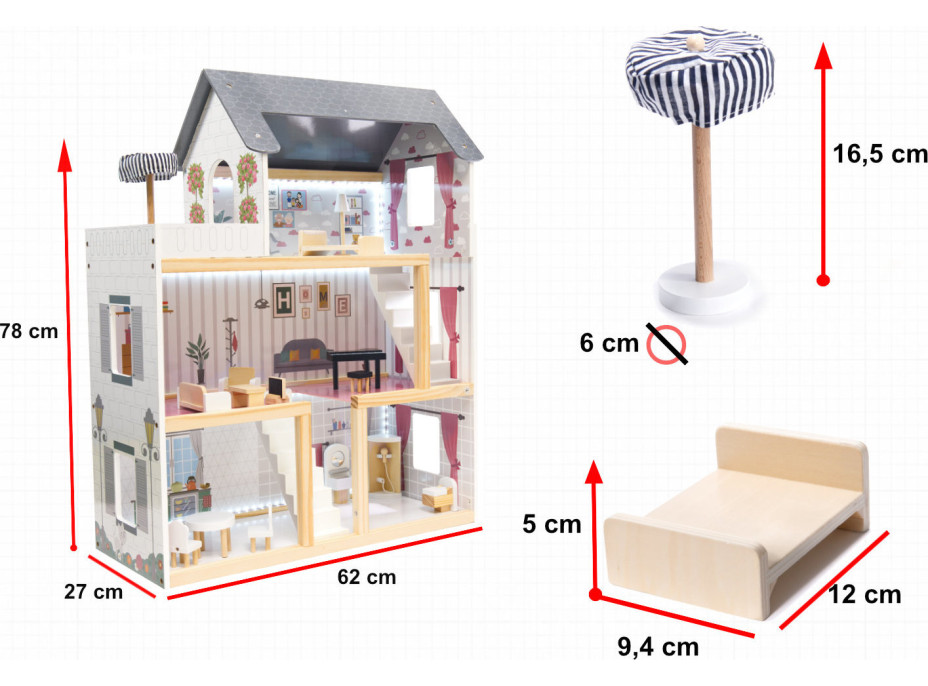 MDF drevený domček pre bábiky + nábytok 78cm čierny LED