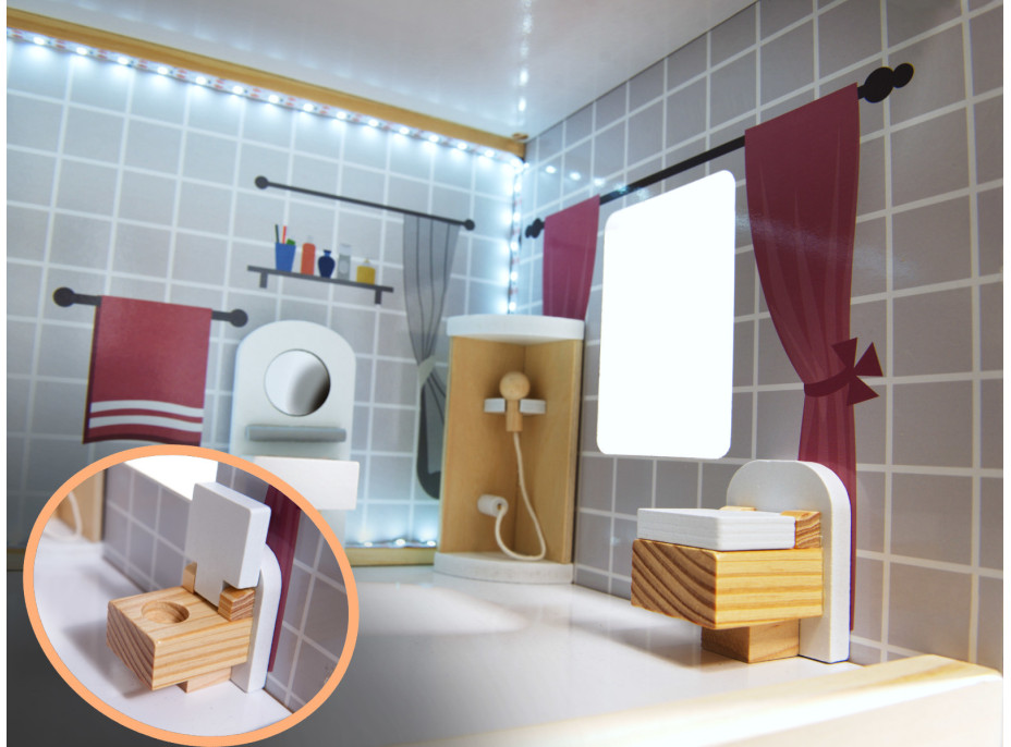 MDF drevený domček pre bábiky + nábytok 78cm čierny LED