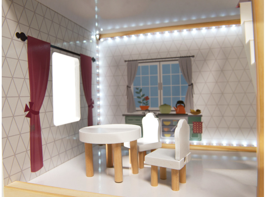 MDF drevený domček pre bábiky + nábytok 78cm čierny LED