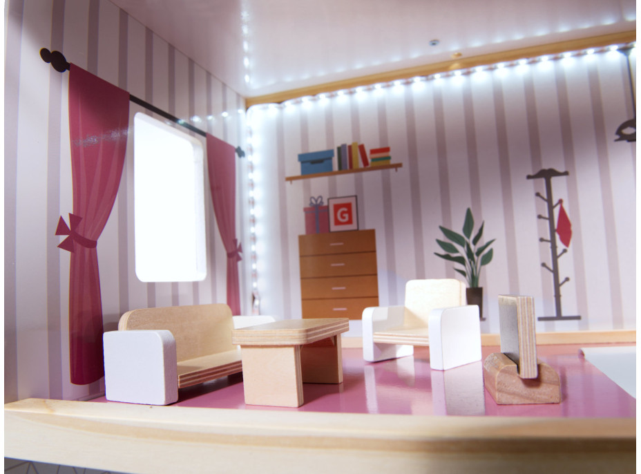 MDF drevený domček pre bábiky + nábytok 78cm čierny LED