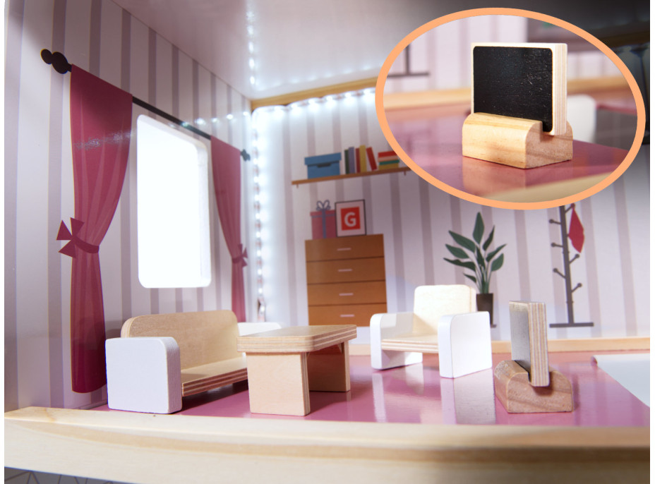 MDF drevený domček pre bábiky + nábytok 78cm čierny LED