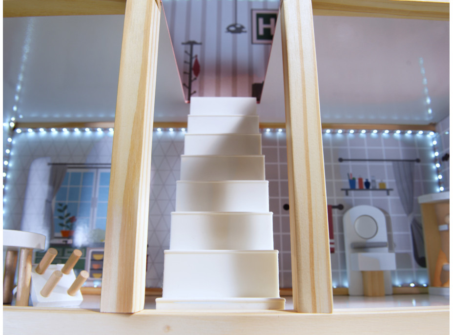 MDF drevený domček pre bábiky + nábytok 78cm čierny LED