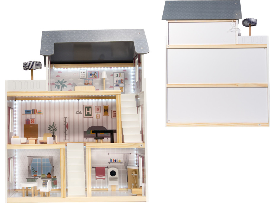 MDF drevený domček pre bábiky + nábytok 78cm čierny LED