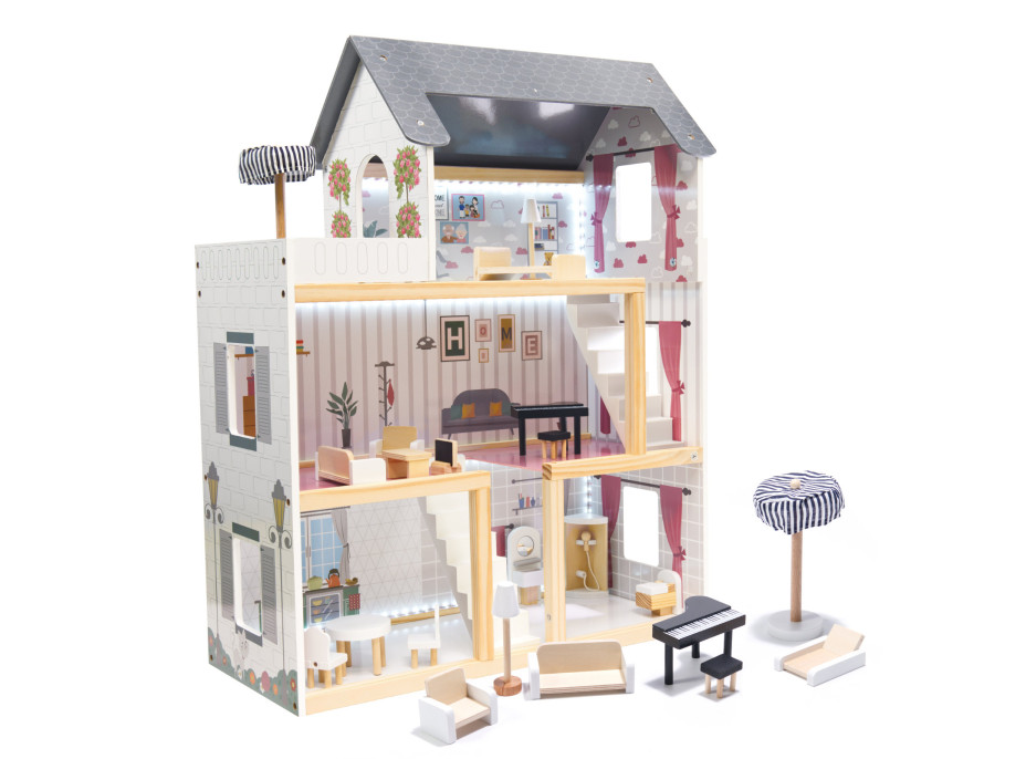 MDF drevený domček pre bábiky + nábytok 78cm čierny LED