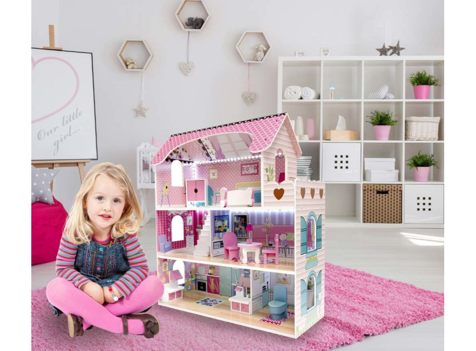 MDF drevený domček pre bábiky + nábytok 70cm ružový LED