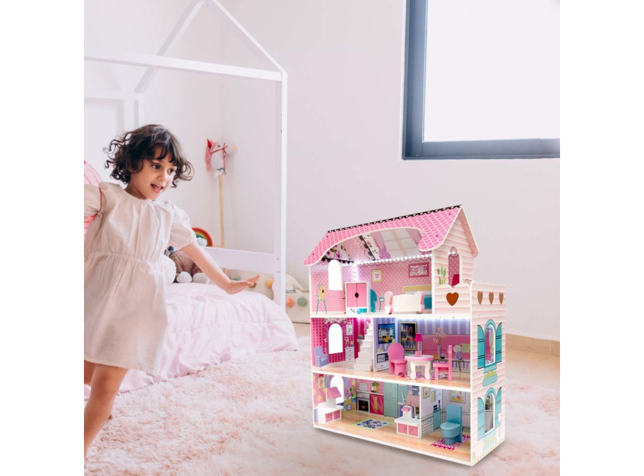 MDF drevený domček pre bábiky + nábytok 70cm ružový LED