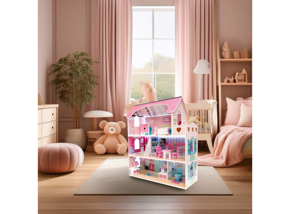 MDF drevený domček pre bábiky + nábytok 70cm ružový LED